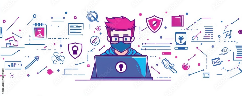 Poster illustration of a masked hacker in front of a laptop surrounded by cybersecurity icons and digital e