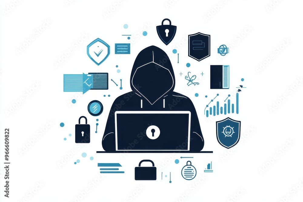 Poster hacker icon with cybersecurity symbols depicting online security and digital hacking concepts