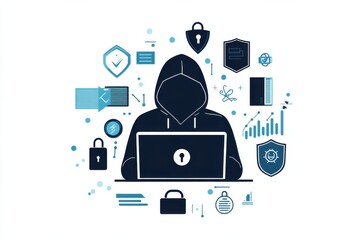 Hacker icon with cybersecurity symbols depicting online security and digital hacking concepts
