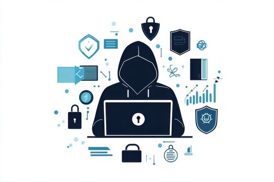 Hacker icon with cybersecurity symbols depicting online security and digital hacking concepts