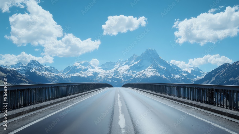 Wall mural scenic mountain road bridge leading to snow-capped peaks under a blue sky with fluffy clouds, perfec