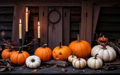Orange pumpkins and white pumpkins with candles on a rustic wooden background, perfect for Halloween decorations. 

