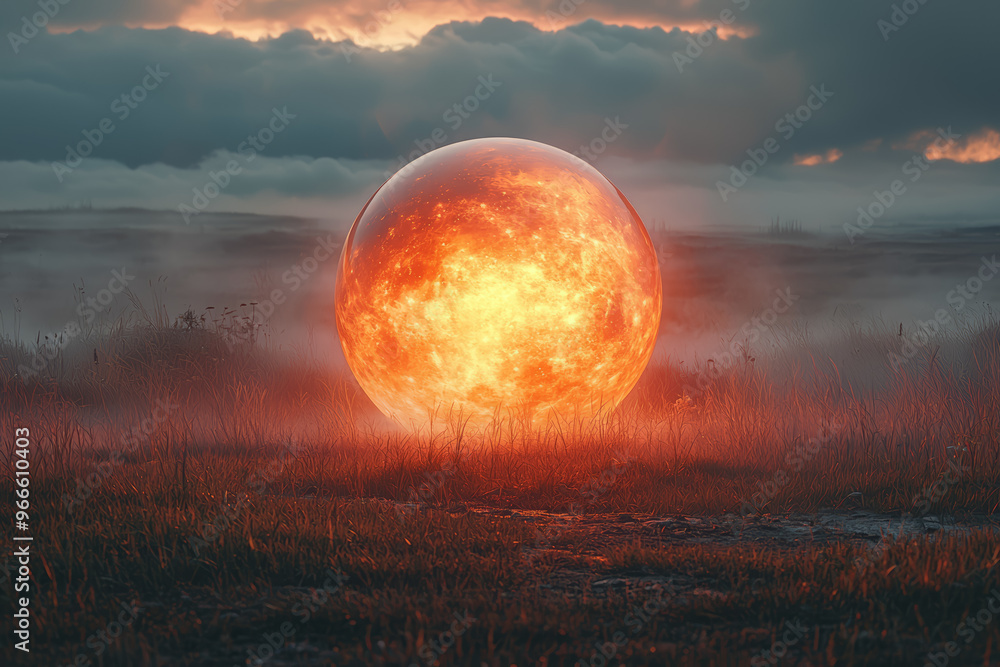 Wall mural a glowing, spherical craft descending slowly over an open field, casting an eerie light on the groun