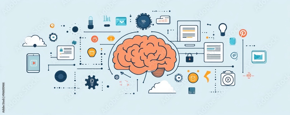 Poster ai brain surrounded by digital icons illustrating technology and innovation concepts