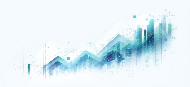 a Growing Bar Graph, Stock Market Charts, and Financial Growth on a White Background in a Minimalistic Style with Light Blue and Green Color Palette