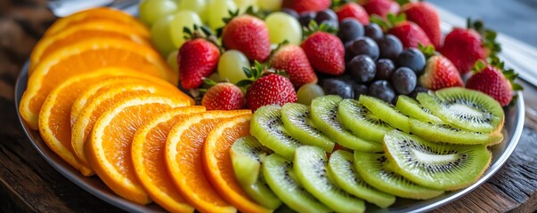 A vibrant and colorful fruit platter featuring fresh slices of orange, kiwi, grapes, and strawberries, perfect for a healthy snack or party treat.