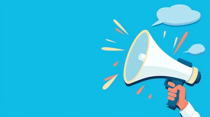 Male Hand Holding Megaphone with Blank Speech Bubble for Digital Marketing, Promotion, and Advertising. Flat Design Vector Illustration.