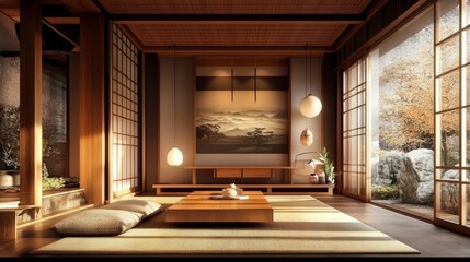 Serene Japanese-style interior with wooden elements, floor seating, and a large window overlooking a tranquil garden.