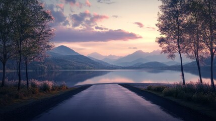 Serene sunset landscape with a calm lake, lush trees, and mountain backdrop, perfect for nature and travel concepts.