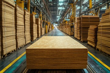 Obraz premium Stacked Plywood Sheets in a Factory Warehouse