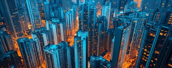 Aerial view of a cityscape at night with tall illuminated buildings creating a mesmerizing urban landscape with glowing lights.