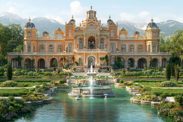 Naklejka premium A baroque palace with expansive gardens and elaborate fountains, showcasing the opulence of the time. Concept of royal luxury and horticultural design.
