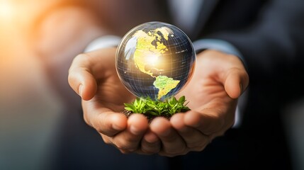 Fototapeta premium Person Holding a Glass Globe Representing the Earth with Sprouting Plants