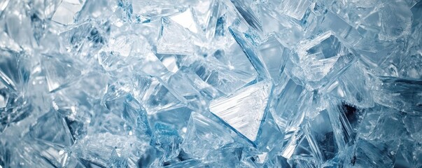 Sharp-edged shattered crystals, icy and translucent, arranged in a chaotic yet beautiful abstract frozen composition