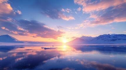 Fototapeta premium Stunning sunset over a tranquil frozen lake with reflections of mountains and vibrant clouds in the sky.