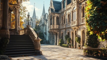 Fototapeta premium Stone Building with Stairway and Greenery