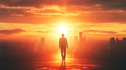 Businessman walking towards the sunset, reflecting light in the cityscape. Inspirational and motivational concept of new beginnings and possibilities.