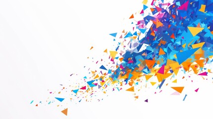 Fototapeta premium Colorful Triangles Falling from Top-Left Corner on White Background, Minimalist Vector Banner Design with Copy Space for Text