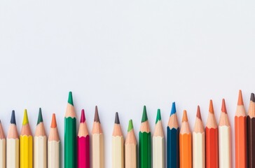 Colorful Pencils Lined Up on White Background, Green, Orange, and Brown, Ideal for Educational or Creative Projects