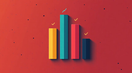 Obraz premium Minimalistic design of three ascending bar charts on vibrant red background, symbolizing growth and progress..