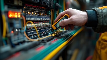 Technician using a digital multimeter to measure voltage in an industrial control panel, showcasing precision and technical expertise.