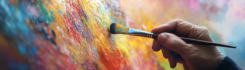 Obraz premium Close-up of an artist's hand painting with a brush on a vibrant abstract canvas, showcasing creativity and expression.