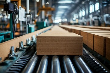 Fototapeta premium A close-up of a piece of plywood on a conveyor belt in a factory