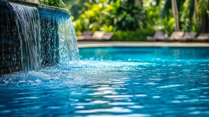 Tranquil pool with waterfall feature surrounded by lush greenery and sun loungers on a sunny day.