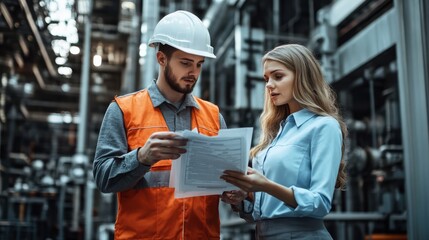 Two professionals in safety gear discussing a document in an industrial facility with machinery in the background.