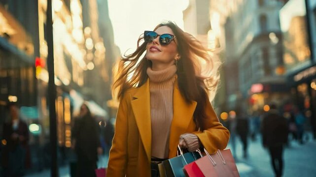 A beautiful woman walking down a bustling city street with stylish shopping bags, urban shopping spree, fashionable woman, vibrant city shopping scene