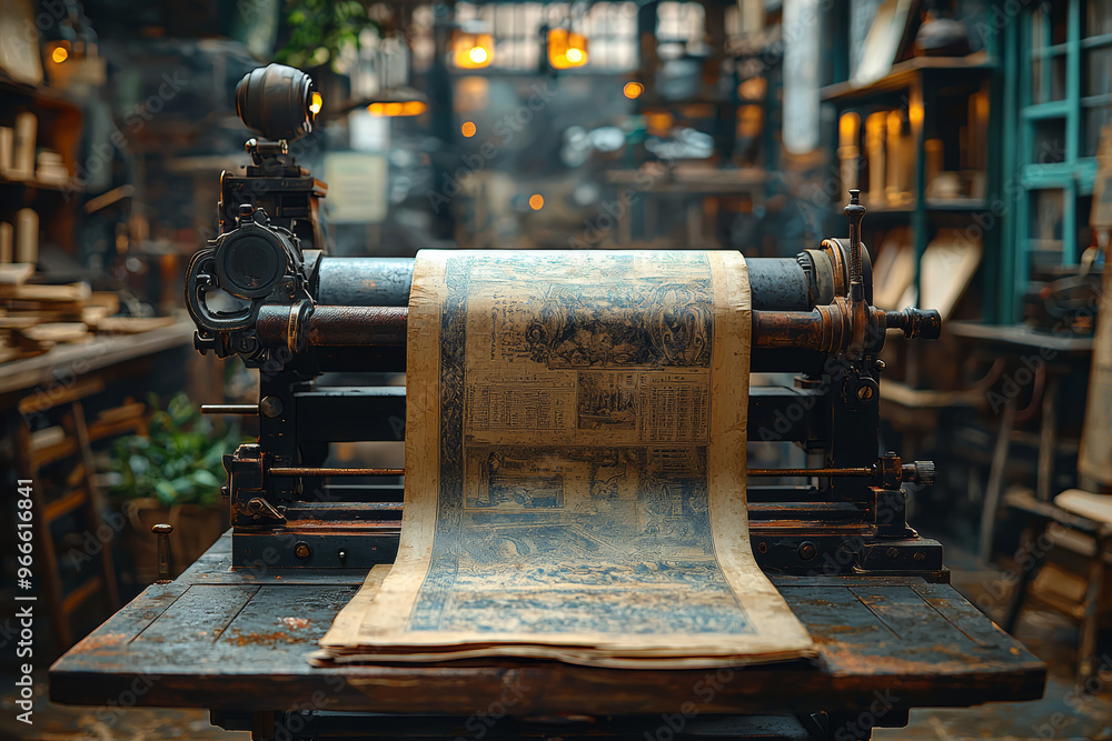 Fototapete an enlightenment-era printing press in operation, producing books and pamphlets that spread new idea