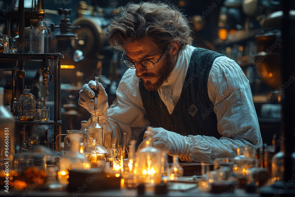 Poster an enlightenment-era scientist conducting experiments in a candlelit laboratory filled with early sc