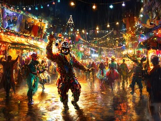 Obraz premium Colorful and vibrant night carnival with illuminated festive decorations, people dancing, dressed in costumes, and enjoying the lively atmosphere.