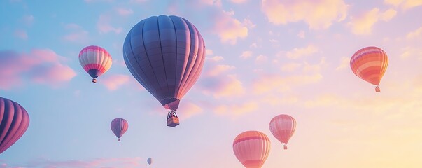 Fototapeta premium Colorful hot air balloons float gracefully in a serene sky filled with soft, pastel-colored clouds at sunset.