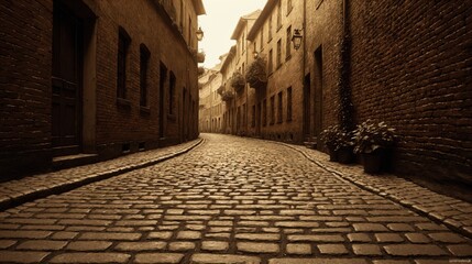 Naklejka premium generative ai, Historic Cobblestone Street in Quaint European Village with Warm Sepia Tones
