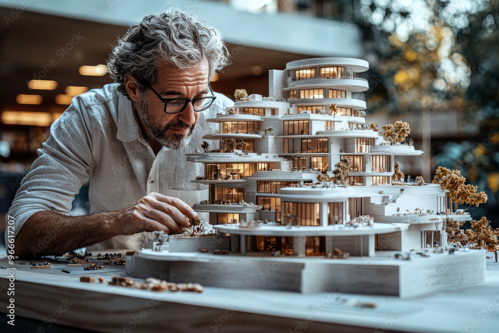 Poster an architect using unconventional materials to build a model of a new structure, showcasing innovati