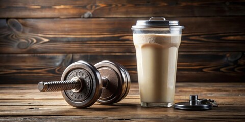 Whey protein powder, shaker with protein cocktail and dumbbells on a wooden table , gym, fitness, health