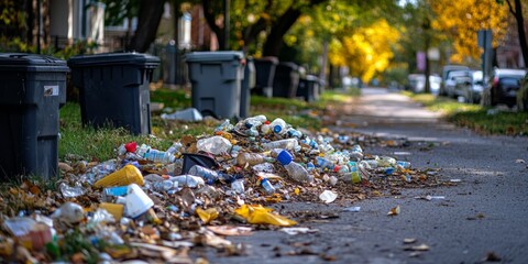 Urban street with scattered garbage and overflowing trash bins under autumn trees, highlighting environmental pollution issue.