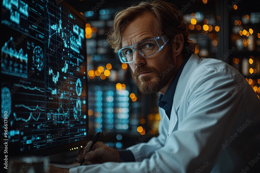 Poster a scientist analyzing data on a high-tech computer, with intricate graphs and equations displayed. c