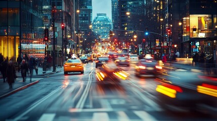 Obraz premium Vibrant city street scene with motion blur from cars at night, highlighting busy urban life and illuminated skyscrapers.