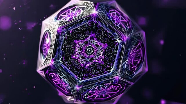 Intricate octahedral shape with mandala-like patterns rotating in cosmic void. Vibrant violet purple geometric network contrasts against charcoal gray background. 
