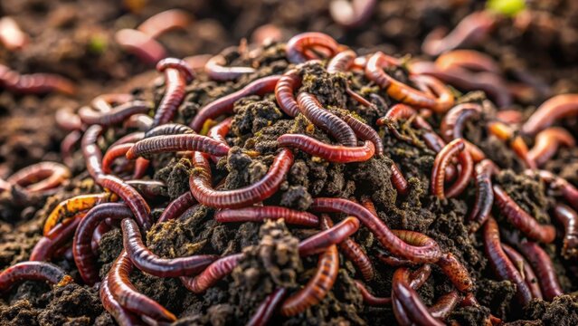 Earthworms in black soil of greenhouse, recycling plant waste into rich soil improver and fertilizer