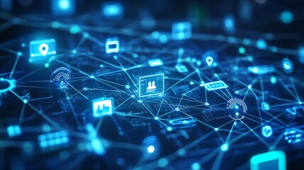 Obraz premium Digital network technology concept with interconnected icons representing internet of things and communication.