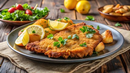 Homemade breaded German weiner schnitzel served with crispy potatoes, German, weiner schnitzel, breaded, homemade, traditional