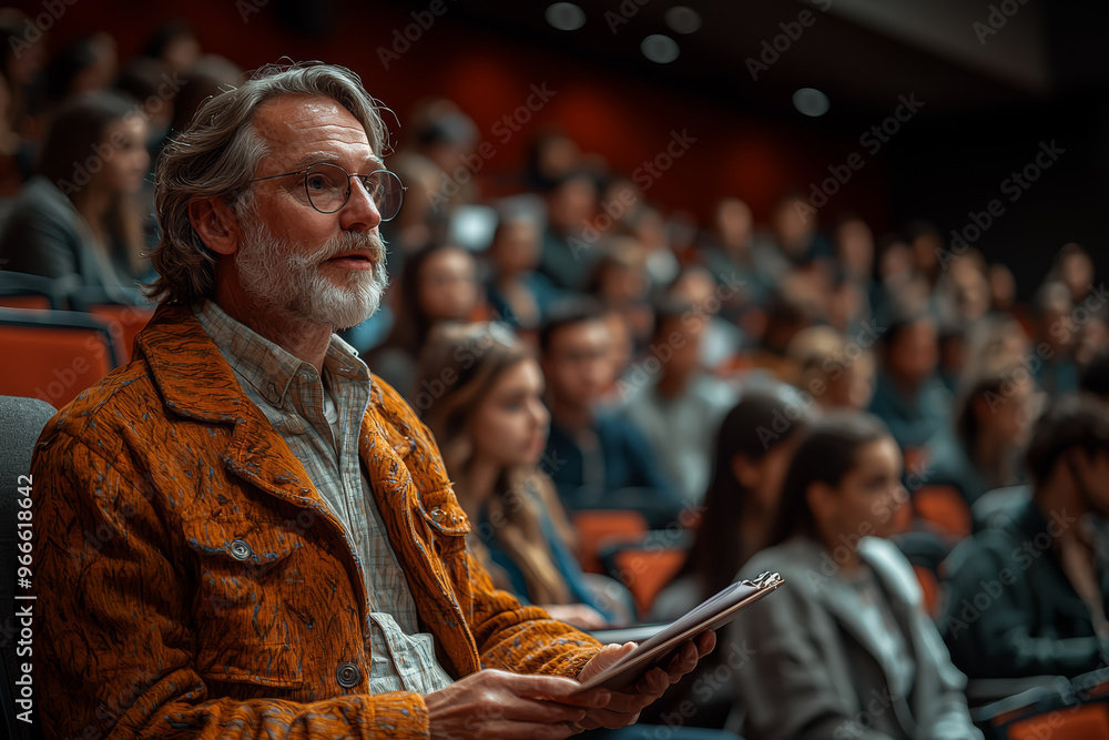 Poster a professor giving an engaging lecture on a challenging subject, with students attentively taking no