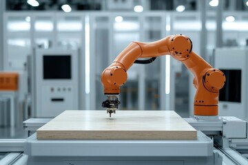 Orange Robotic Arm Working on a Wooden Surface in a Factory