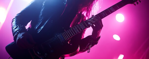 Dynamic rock guitarist performing live on stage with vivid pink lighting and an electric atmosphere, capturing raw energy and passion.