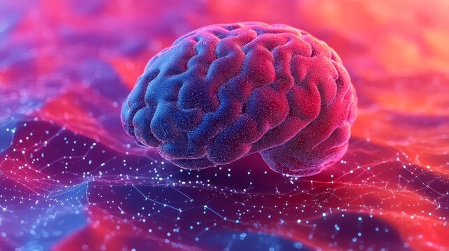 Vivid illustration of a human brain with a neural network background, symbolizing artificial intelligence and cognitive processing.