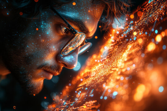 A programmer coding an elaborate algorithm to solve a complex problem, demonstrating technical problem-solving skills. Concept of computer science and creativity.