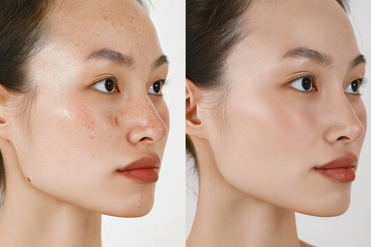 Before and after comparison of woman with freckles and clear skin transformation, high-quality beauty shot. Concept for beauty campaigns, dermatology, cosmetology, and skincare product promotions